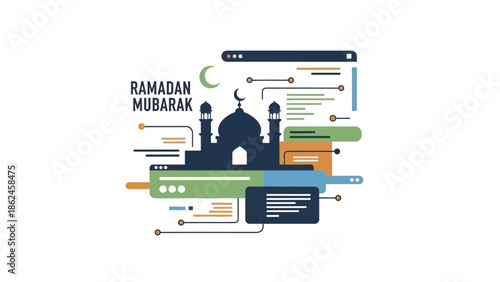 A Ramadan Mubarak graphic illustration of a mosque surrounded by colorful web elements and mobile screens