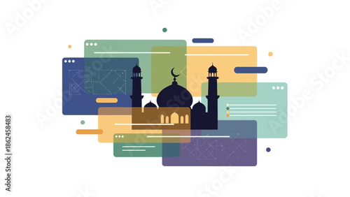 A serene evening view of a mosque surrounded by colorful rectangles in a modern illustration.