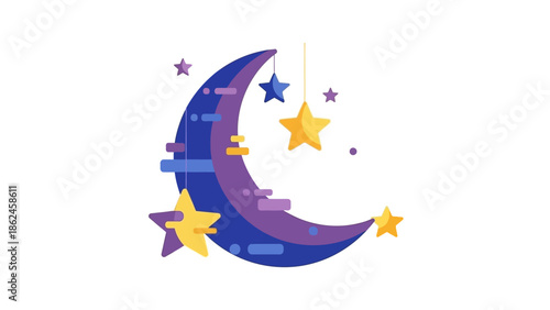 The crescent moon glows brightly in a night sky filled with colorful stars and celestial bodies.