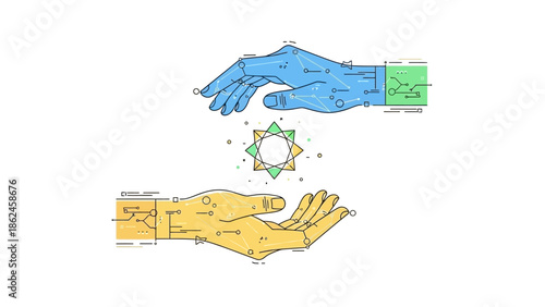 Two hands are passing a glowing star symbol between them in a gesture of exchange or gift.