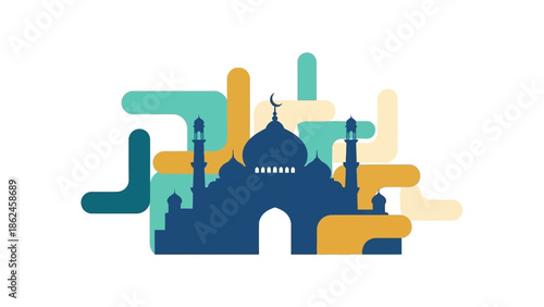 A majestic mosque stands prominently in a vibrant cityscape with colorful abstract shapes surrounding it.