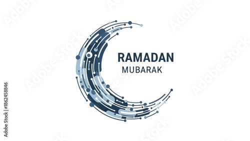 A Ramadan Mubarak celebration takes place with a crescent moon graphic and text on a white background