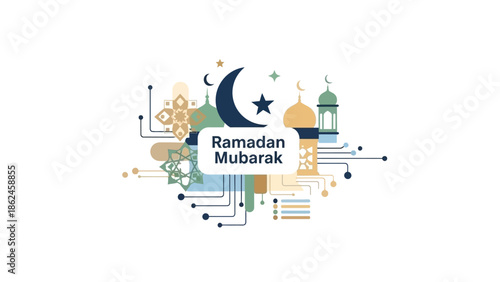 Ramadan Mubarak celebration takes place at a mosque with crescent moon and stars shining brightly