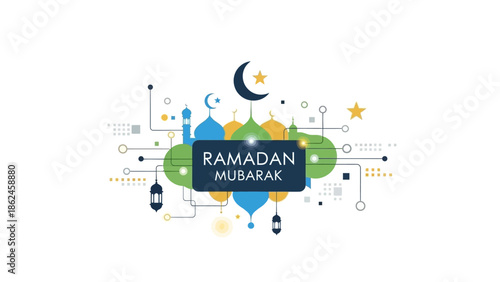 Ramadan Mubarak celebration with crescent moon and stars