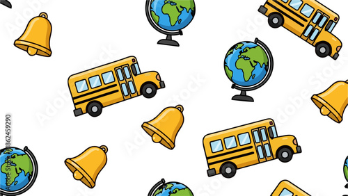 Back to School Pattern Yellow School Buses Globes and Bells on White Background Seamless Vector Illustration for Education and Learning Themes