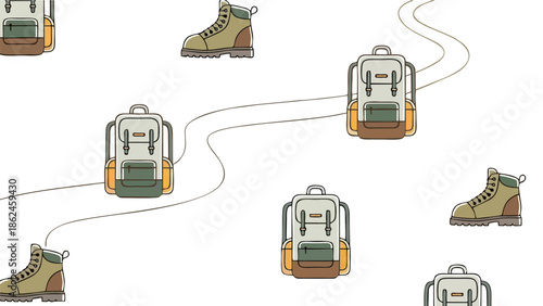 Seamless Pattern of Hiking Boots and Backpacks on Winding Trails for Outdoor Adventure and Travel Backgrounds