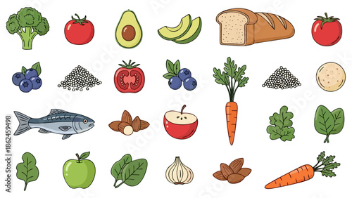 Vibrant Assortment of Healthy Foods Fruits Vegetables Fish Nuts and Grains for Balanced Diet and Nutrition