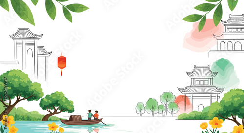 Scenic Asian riverside landscape with boat, traditional pagoda buildings, floral trees, lantern, greenery and calm water in decorative illustration style.