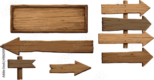 Rustic wooden signboard arrows collection with vintage textured planks for navigation, direction, wayfinding, outdoor signage, and decorative vector design elements.