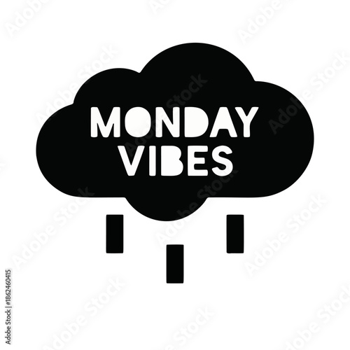 blue monday A black cloud with vibes text and raindrops falling down on white background, symbolizing a gloomy start to the week
