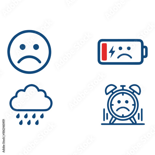blue monday Icons set, sad face, low battery, rainy cloud, alarm clock, depressed emoticon, exhausted, stressed, unhappy, morning blues