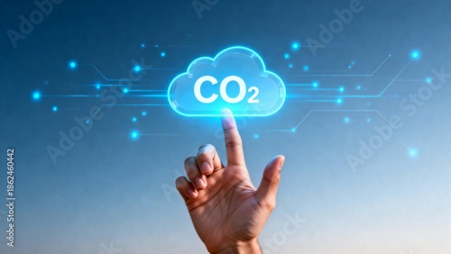 Hand touching CO2 cloud on digital screen