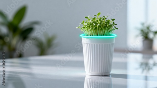 Small plant in glowing cup on table