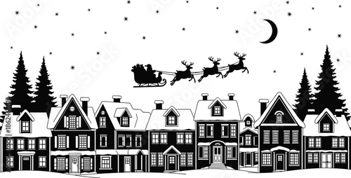 Santa sleigh flying over snowy village rooftops with pine trees, crescent moon, stars, and festive winter night holiday atmosphere scene