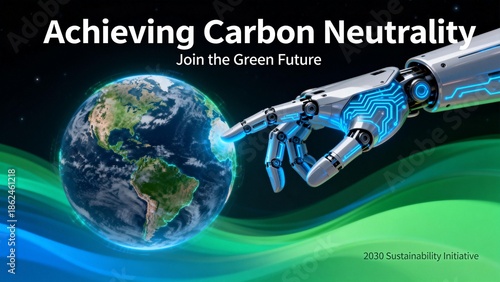 Robot hand touching Earth with carbon neutrality message