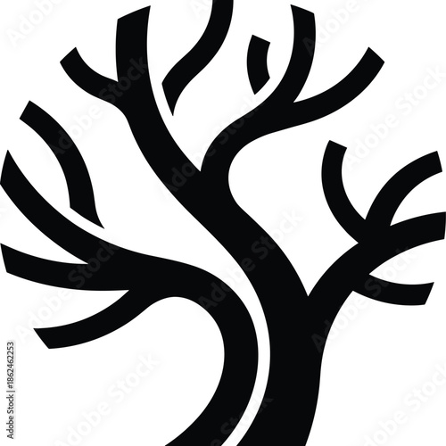 Stylized black tree silhouette illustration, abstract branching form, modern minimalist nature artwork, organic design, isolated on white background