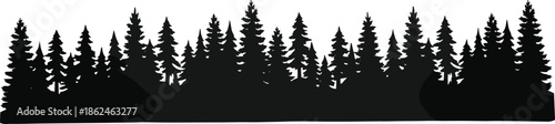 PrintBlack forest silhouette panorama, pine tree woodland landscape, nature background, evergreen conifer trees, minimal design, isolated on white vector banner