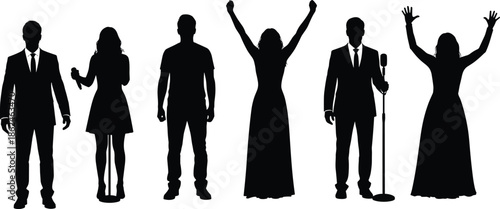 People silhouettes on stage, singers speakers and performers standing with microphones celebrating success isolated on white background vector illustration