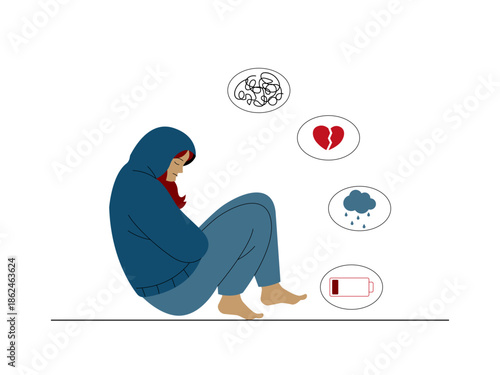 A young woman sits on the floor feeling sad and hopeless, as if she is depressed. Social issues illustration. Flat vector illustration.