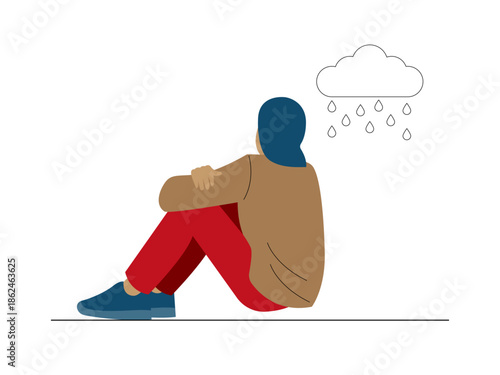 A woman experiences feelings of sadness, depression, or emotional distress. Social issues illustration. Flat vector illustration.