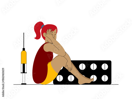 A woman who is addicted to drugs suffers from drug abuse. Social issues illustration. Flat vector illustration.