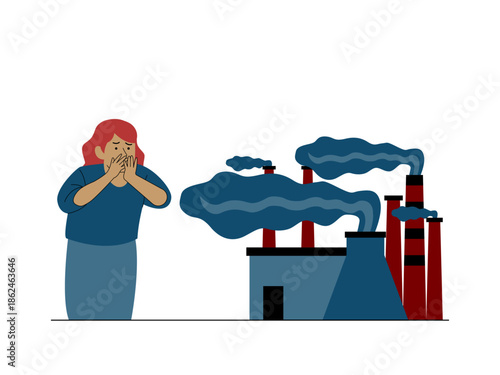 A woman is disturbed by air pollution caused by industrial activities. Social issues illustration. Flat vector illustration.