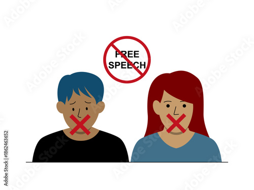 The confused man and woman were unable to speak because they were silenced. Social issues illustration. Flat vector illustration.