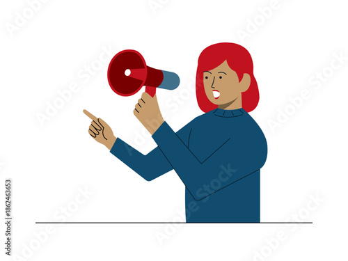 Woman person shouting through a megaphone. Social issues illustration. Flat vector illustration.