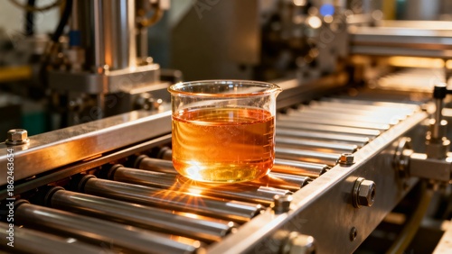 Liquid in beaker on industrial conveyor