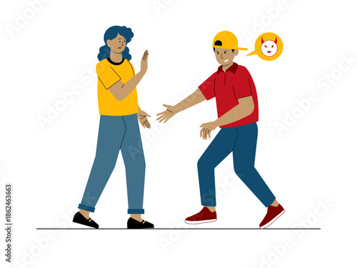 Negative social interactions, especially teasing or social harassment. Social issues illustration. Flat vector illustration.