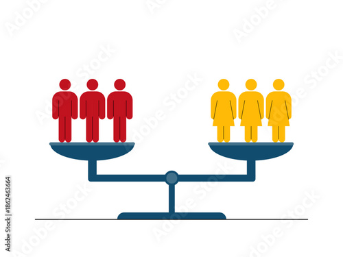 A balanced scale with three male figures and three female figures to visually represent the concept of equality. Social issues illustration. Flat vector illustration.