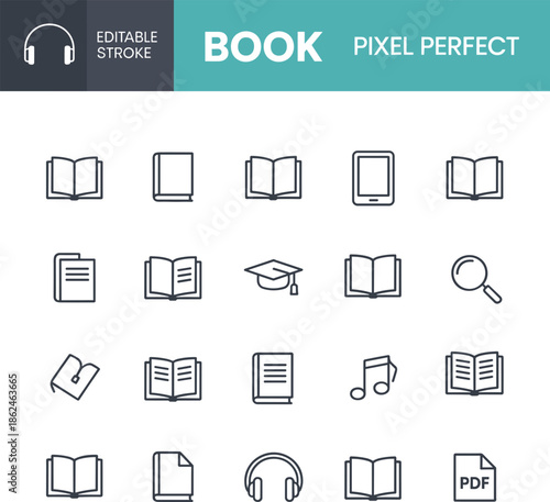 Set of Education and Reading Line Icons Featuring Books E-readers Graduation Caps Audiobooks and PDF Documents for Digital Learning and Library