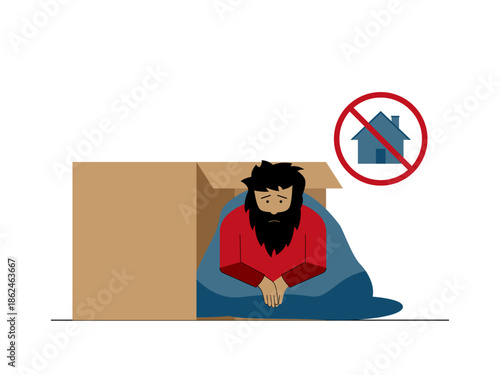 A man person experiencing homelessness. Social issues illustration. Flat vector illustration.