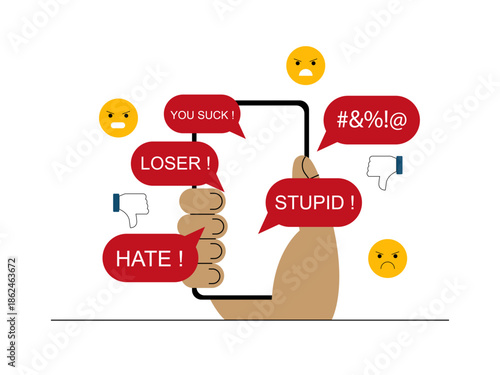 Cyberbullying, which involves using digital technology to harm someone else repeatedly and intentionally. Social issues illustration. Flat vector illustration.