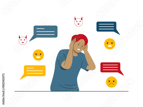 A frustrated young man surrounded by negative thoughts. Social issues illustration. Flat vector illustration.
