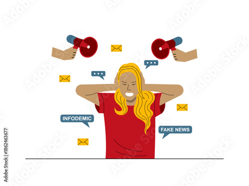 Woman person overwhelmed by a barrage of messages and loud noise. Social issues illustration. Flat vector illustration.