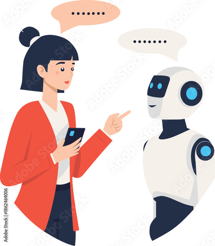 Woman chatting with a chatbot robot. Flat vector illustration in Corporate Memphis style. Artificial intelligence, chatbot service, and digital automation concept isolated on white background.