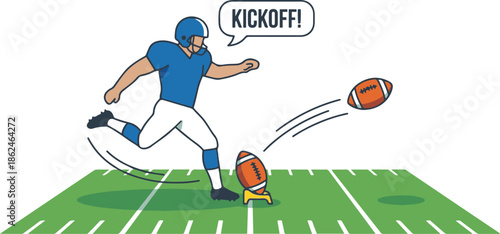 Vector illustration of an American football player kicking a ball from a tee on a green field, accompanied by a speech bubble with the text "KICKOFF!" indicating the start of a game.