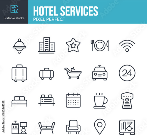 Set of Hotel Services Line Icons Featuring Concierge Bells Wifi Symbols Suitcases Dinner Plates Booking Calendars and Accommodation Amenities for Travel Planning
