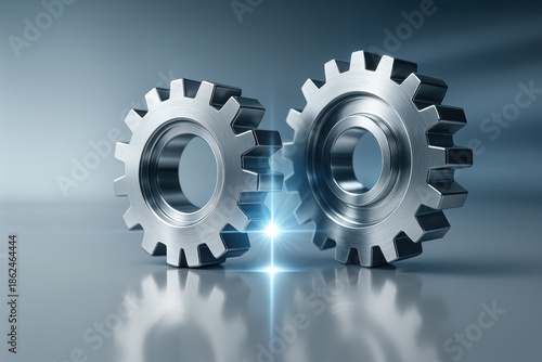 Interlocked Cogs: A dynamic and detailed shot of two metallic cogwheels interlocking seamlessly against a backdrop, which creates a striking visualization of precision.