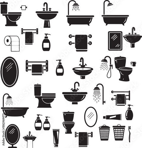 Black bathroom and plumbing icons set with toilet, sink, and tub, isolated.