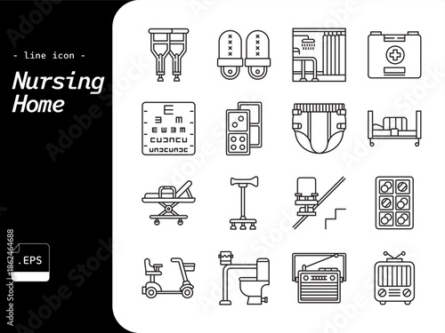 Nursing Home thin line icon set. Elder care, healthcare facility outline icons.