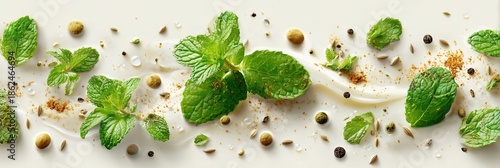 Horizontal hyper-realistic close-up of fresh mint leaves and scattered spices (cumin, pepper, powder) resting on a smooth creamy white, dairy-like swirl background.