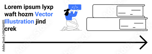 Technology trends, software development, study habits, direction, learning goals, progress tracking. A person with a coding symbol and books beside an arrow. Software development and study habits