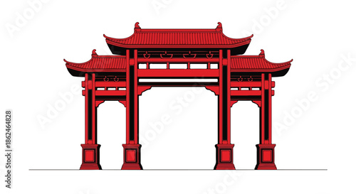Illustration of a traditional Chinese red pagoda gate on a white background with a simple composition.