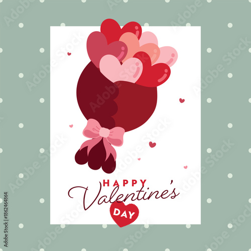 Sweet romantic Valentines Day greeting card vector in pink and red tones with cute heart elements and cheerful love vibe, perfect for celebration, print design, and social media.