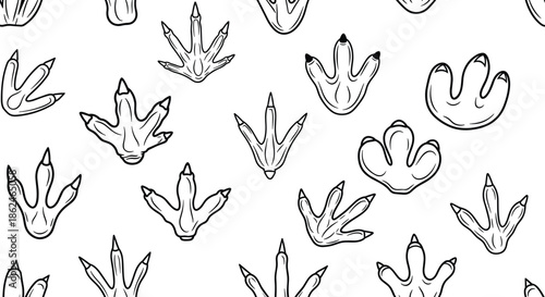 Seamless pattern of bird and dinosaur footprints vector illustration, animal tracks background, wildlife trail design for nature and fossil themes