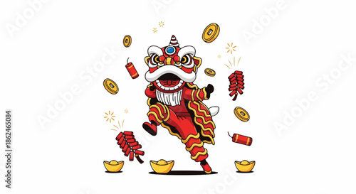 A vibrant lion dance illustration with red and gold decorations, surrounded by floating coins and firecrackers on a white background.