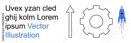 Innovation, business growth, technology, progress, development, startup success. Gear, upward arrow and rocket icon with text. Innovation and business growth concept