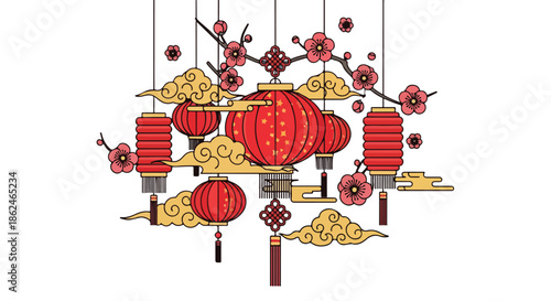 Illustration of red Chinese lanterns and golden coins suspended from strings with floral patterns on a white background.